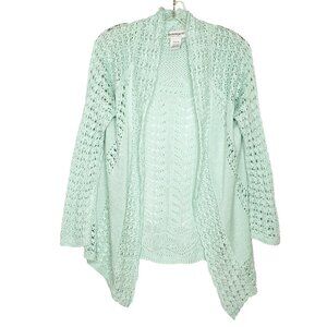 Serengeti Open Knit Open Cardigan Sweater M Mint Green Long Sleeve